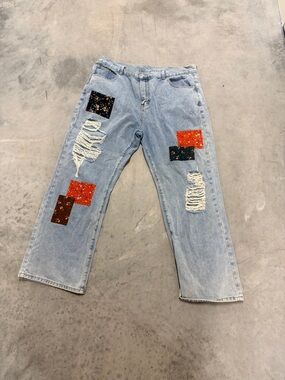 Cider Light Wash Distressed Wide-Leg Jeans with Red & Brown Patchwork